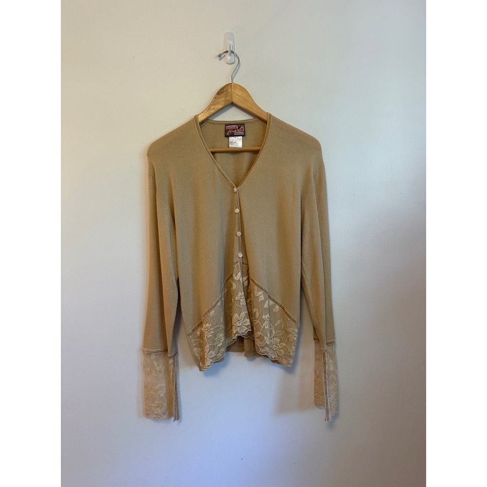 April Cornell Tan Lace Velvet Trim V-Neck Cardigan Sweater | Size Medium